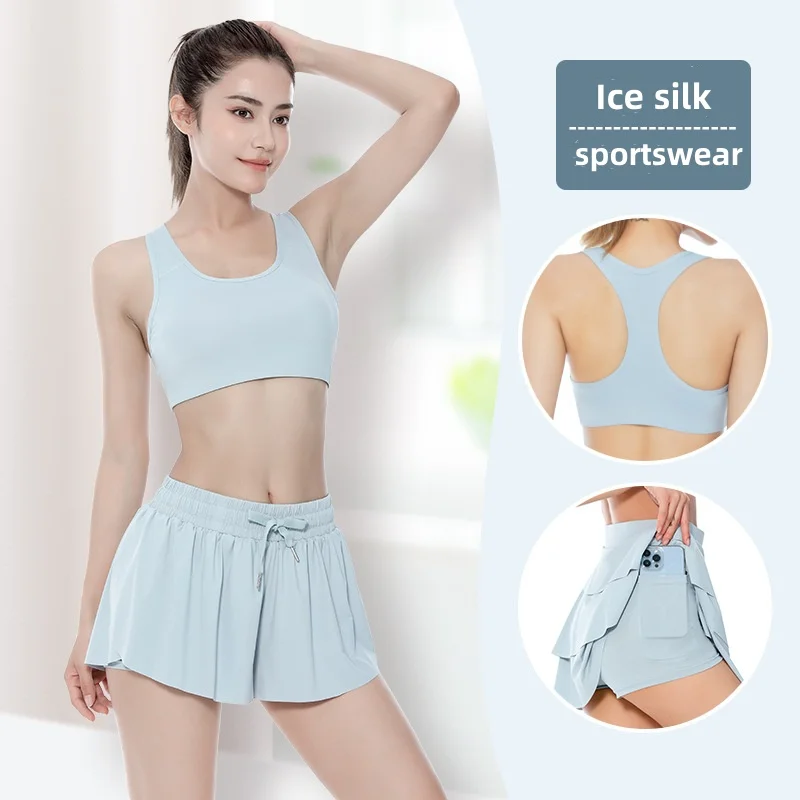 New Nylon Sports Tennis Fitness Yoga short sets Skirt Set Ice Silk Skin friendly Breathable Quick Drying Short Skirt Tank Top