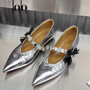 Women's Fashionable Spring Autumn Ankle Strap Shoes 3cm Sheepskin Ballet with Pearl Bowknot Breathable and Non-Slip