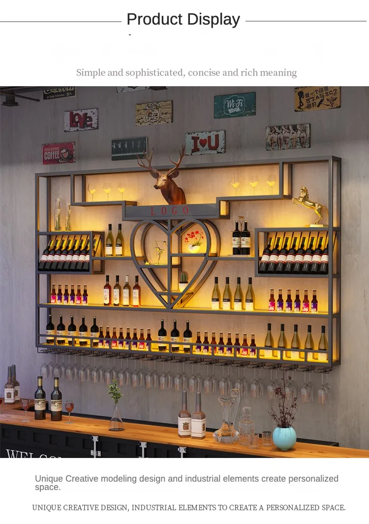 Customized Industrial Led Lights Pub Wall Mount Bar Shelf Display Wine Bar Metal Wine