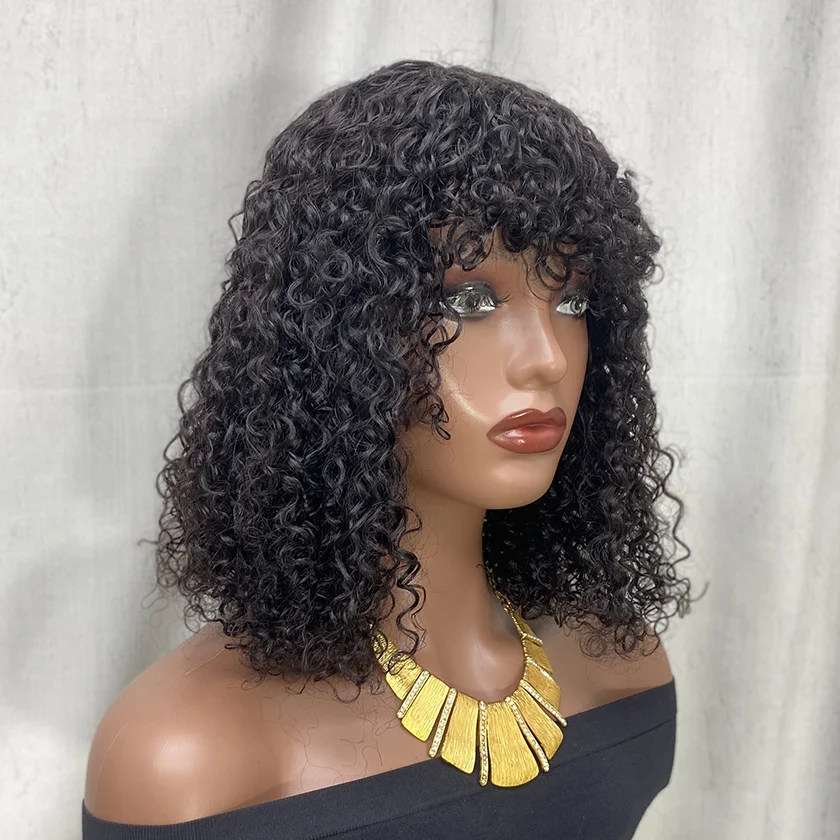 Perruque Noire 12 Pouces Cheveux Humains Brésiliens Bouclés Avec Frange - Marque Métisse, 3 Attaches, Neuve Avec étiquettes