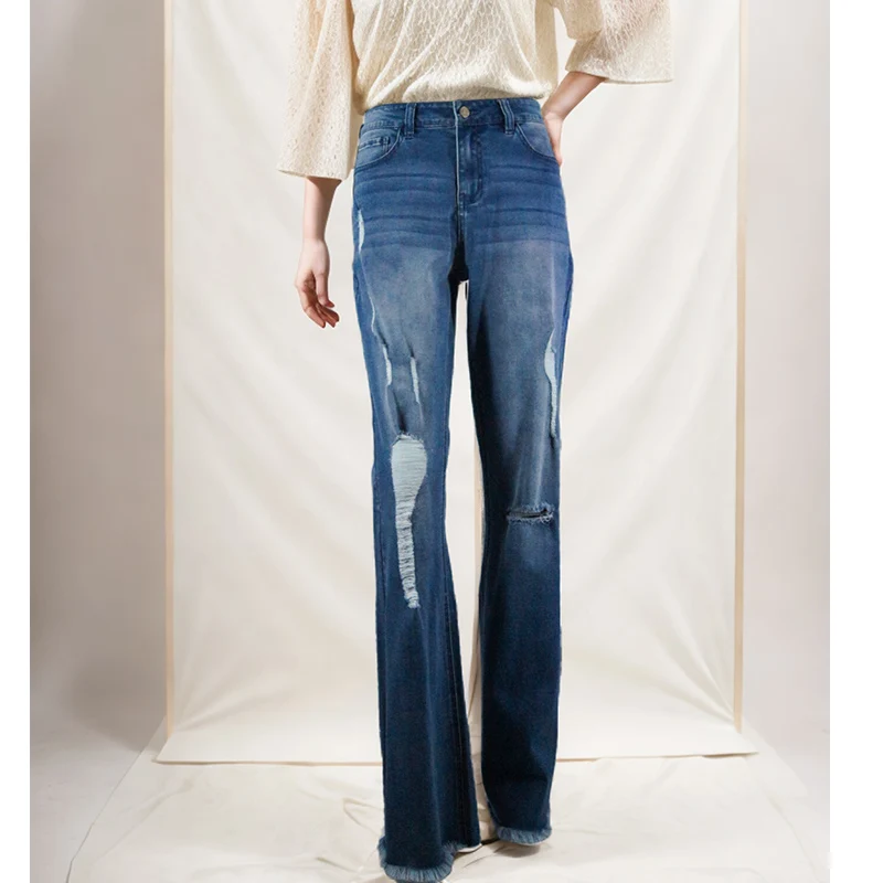 Factory Direct Sale Womens Clothing High Elastic Pants Hole Ripped Ladies Trousers High Waist Women Flared Jeans