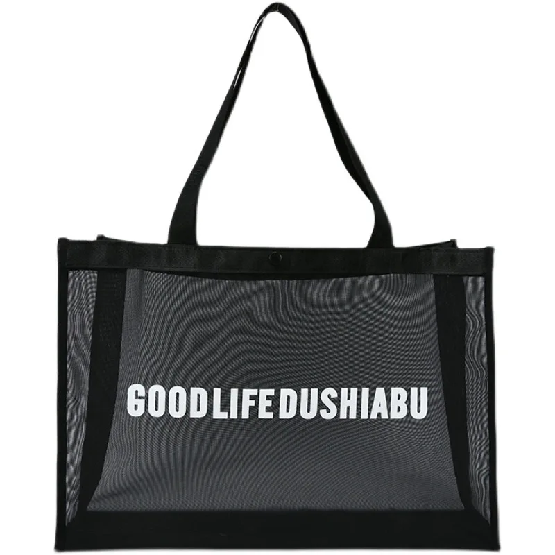 Wholesale custom women transparent mesh beach bag with big folding reusable produce mesh bags net bag for grocery