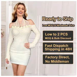 Wholesale Custom Mini Length Dresses for Women Clothing Floral Neckline Fuzzy Long Sleeves Ladies Elegant Women Casual Dress