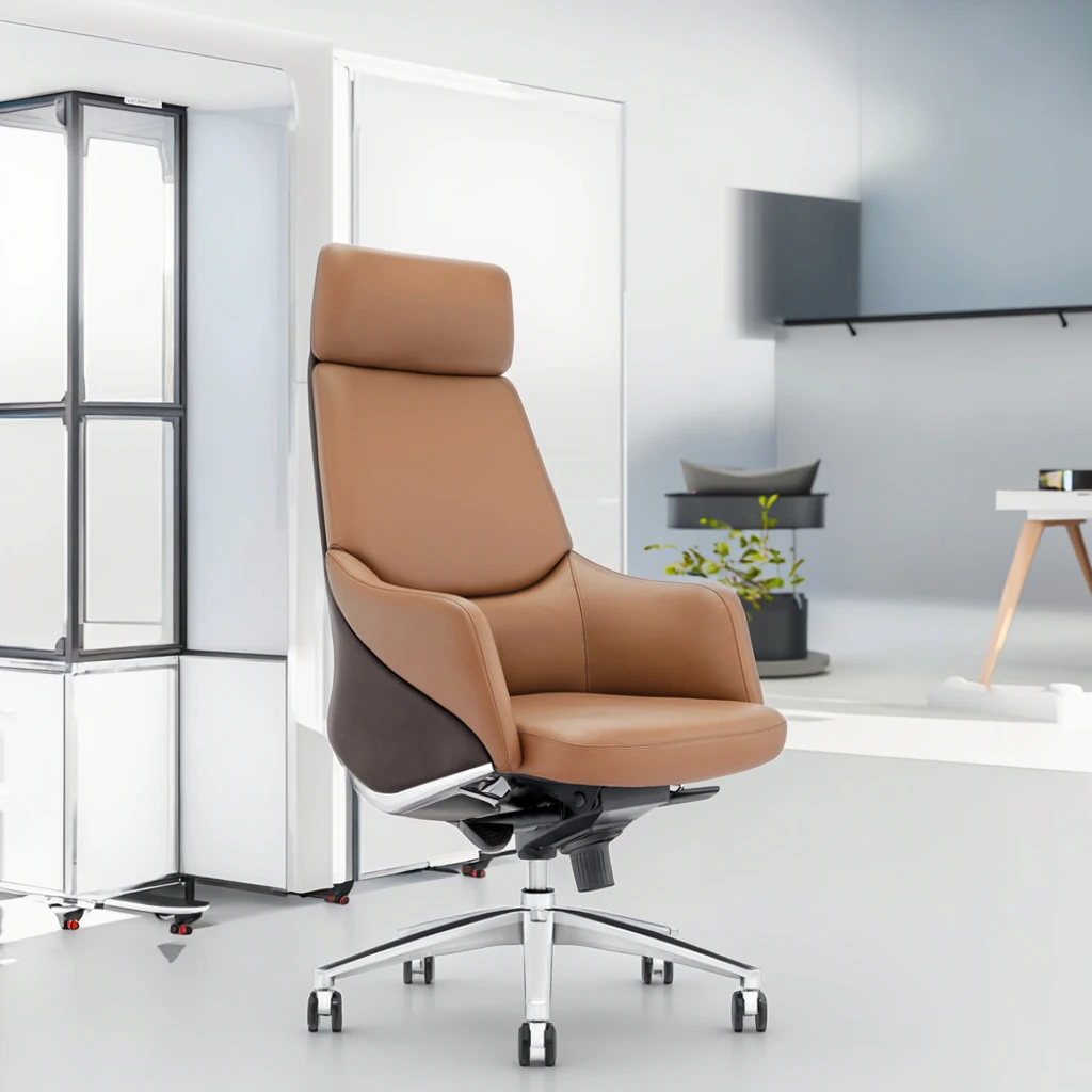 Premium Executive Leather Chair Synchronous Tilt System Frosted Alloy Legs Corporate Status Piece 3
