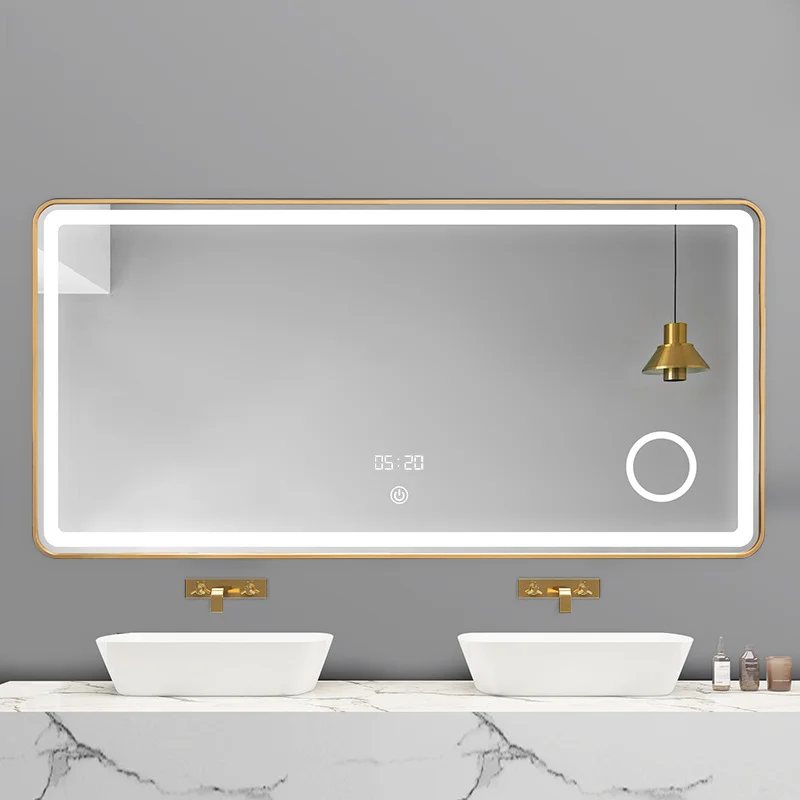 Gold Aluminum Alloy Frame Rectangle Touch Button Smart with Time and Temperature LED Magnifying Lighted Shower Room Mirror