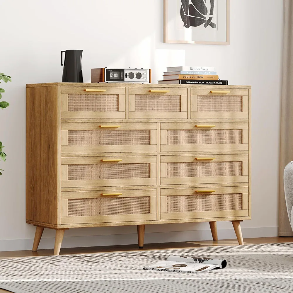 product 9 drawers modern dresser bedroom chest with metal handles wooden storage organizer rattan mdf panel living room hallway natural-3