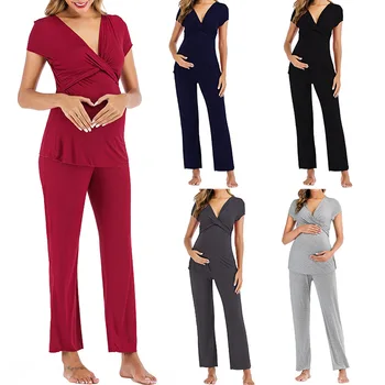 Spring Summer Breathable Cotton Indoor Short Sleeve Solid Color Maternity Pajamas Postpartum Pregnancy Breastfeeding Suits