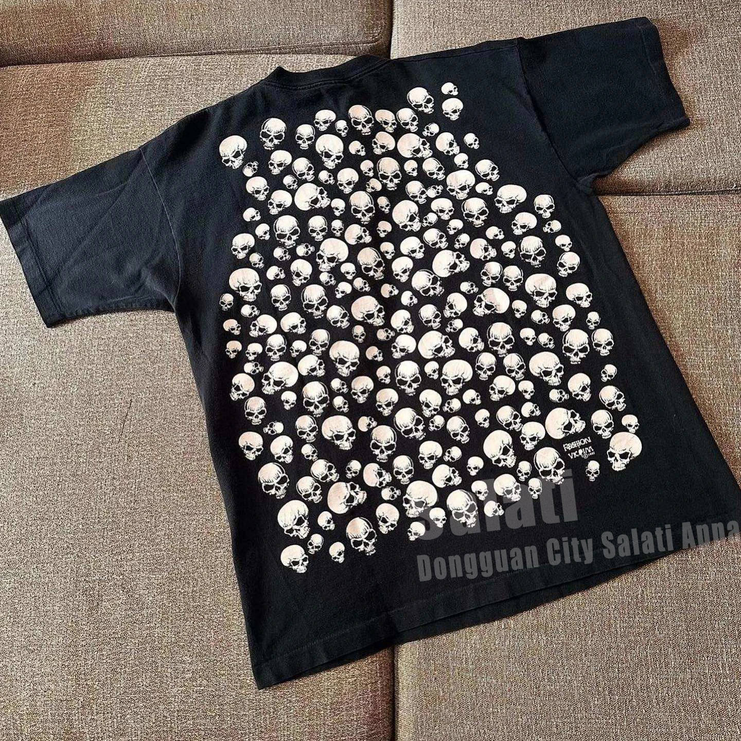 Mens Branded Breathable Crew Neck Drop Shoulder T-shirts Cotton Black Skull Graphic Tee Fitted Screen Printed T Shirts Custom