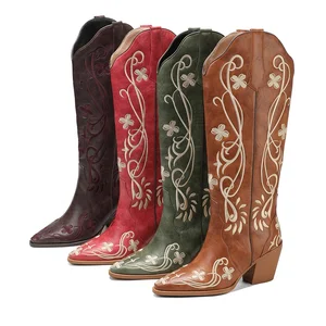 Women's Vintage Floral Pattern Knee-High Cowboy Boots Embossed Western Style Pointed Toe for All Height Increasing for Winter