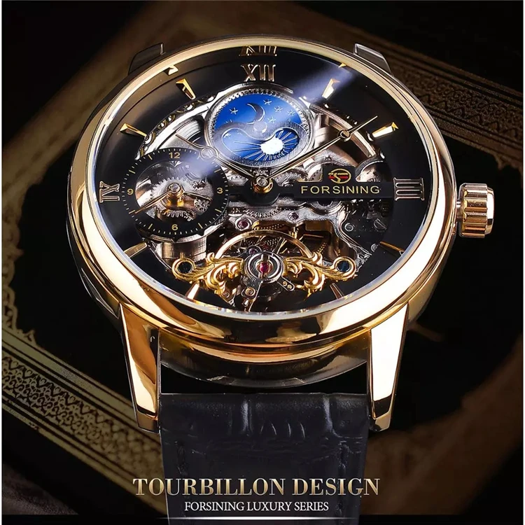 Forsining GMT1195 Dual Time Zone Mechanical Watch Black Gold Leather Band Moon Phase Tourbillon Waterproof Automatic Watch