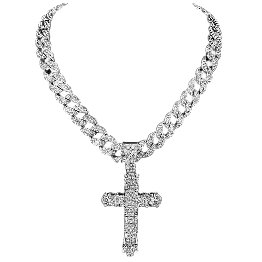 Hip Hop Alloy and Rhinestone Big Buckle Cross Pendant Necklace