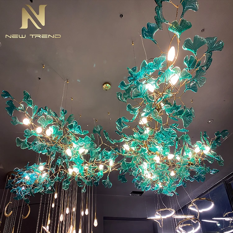 CPL-42G Custom Hotel Lobby Villa Decoration Ginkgo Leaf Large Project Modern LED Glass Chandelier Pendant Light