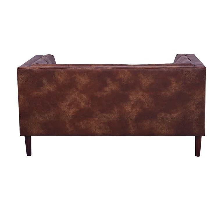 Modern Lounge Design Furniture Brown Leather Loveseat Sofa Living Room Wooden Sofa