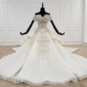 New Luxury Shiny Sequin Beaded Long Train Wedding Dress Short Sleeve Princess Bridal Ball Gown