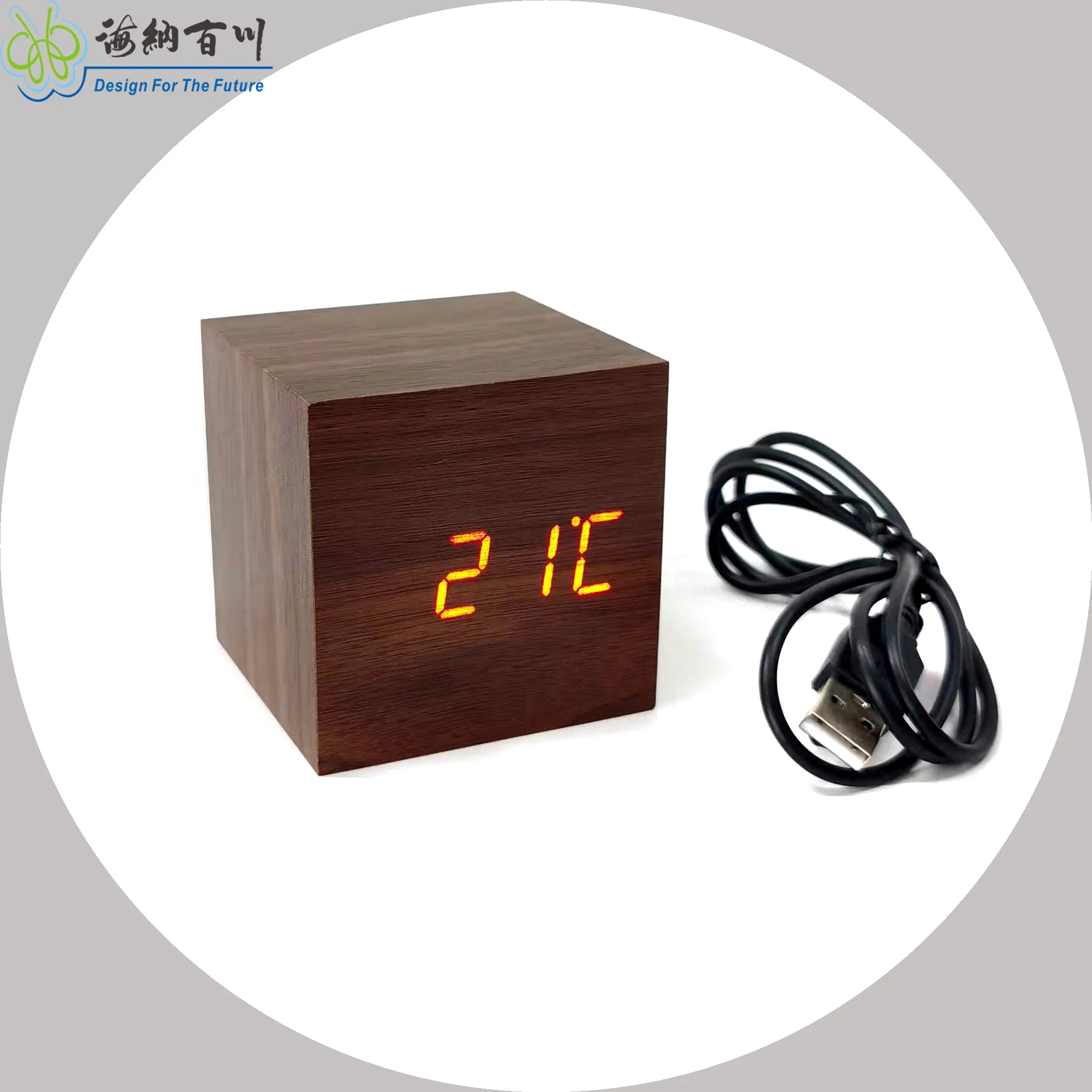 Minimalist Mini Cube Wood Alarm Clock Digital LED Light Date Temperature Smart Office Kids Bedroom Square Wooden Mini Office