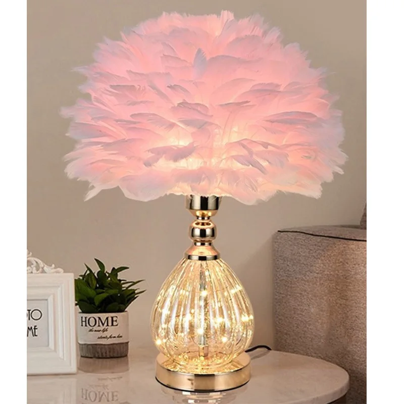 Clear Acrylic Bedside Table Lamp Warm Pink Feather Shade - Main Image