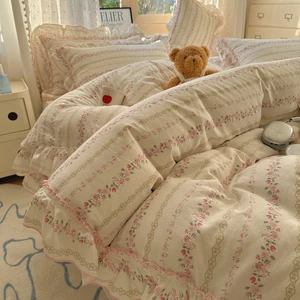 2026 New Princess-style Lace Fresh Washed Cotton Jacquard Duvet Cover and Bed Skirt Set of Four Pieces