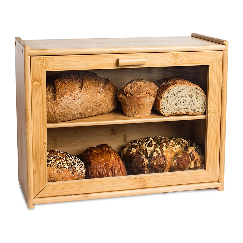 Wholesale Bamboo Bread Storage Box Extra Large 2-Shelf Wooden Bread Storage with Clear Windows for Kitchen Countertop