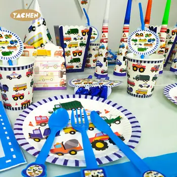 YACHEN 145pcs Transport Vehicle Theme Birthday Party Tableware Set Disposable Paper Plates Napkins Cups for Kids Birthday Party