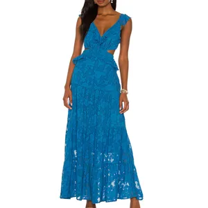 Summer Clothes Ladies Jacquard Lace Backless Cut Out Ruffles V Neck Sleeveless Maxi Women Causal Dresses
