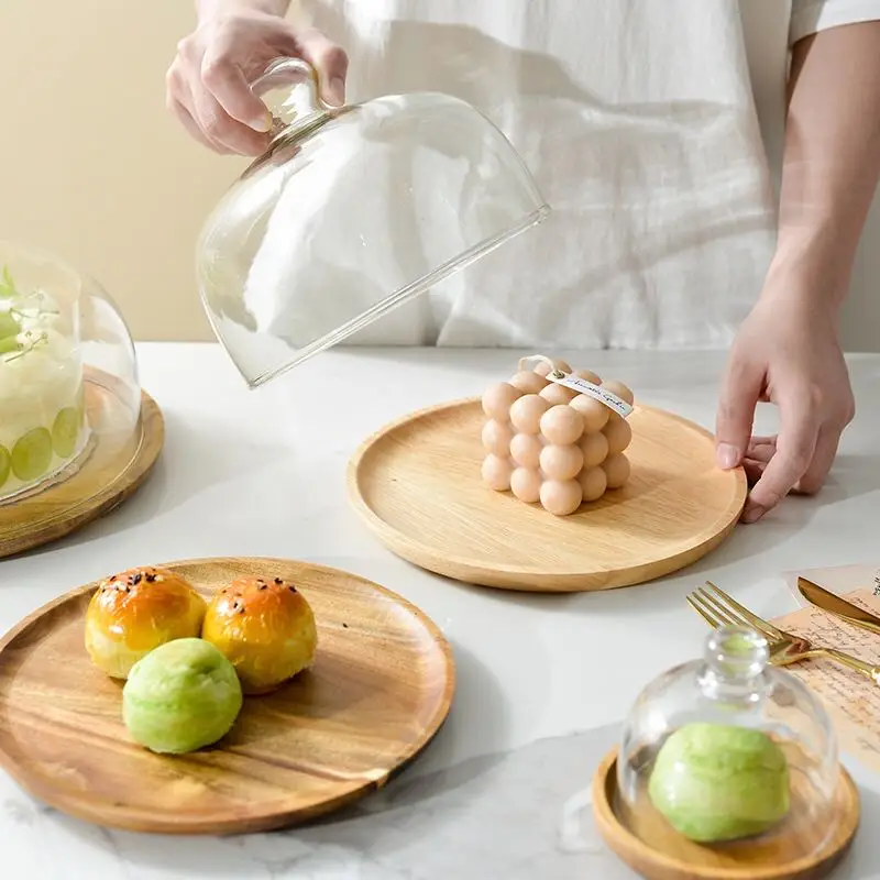Wood Cake Stand With Dome Lid Multifunctional Serving Platter And