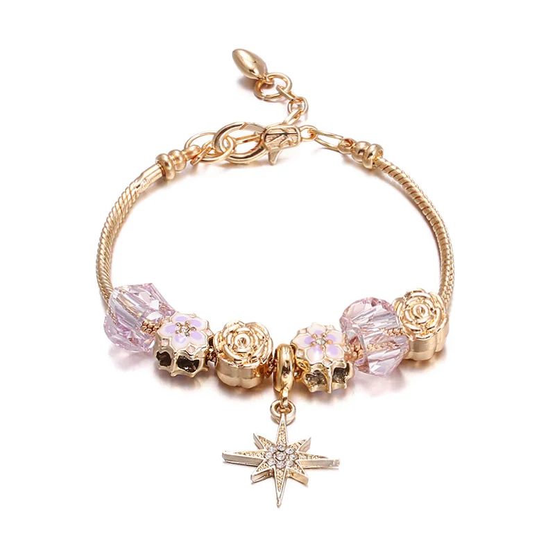 Flowers beaded star pendant  charm bracelets gold plated high quality Women's jewelry