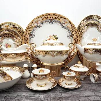 141pcs embossed gold ceramic with gold procelana 12 person ukrainian tableware luxury porcelain dinnerware dinner sets