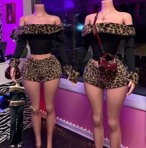 Viviblook Z1126ST20 Women Outfits Sexy Fur Patchwork Leopard Print Long Sleeved Top Pants or Shorts Two Pieces Set