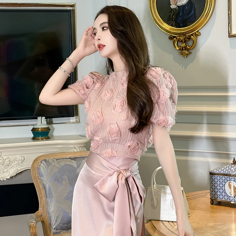 ZYHT 50120 Pink 3D Mseh Rose Flower Stitching Hollow Short Sleeve