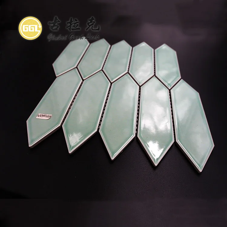 Light Green Long Hexagon Shape Glossy Mosaic Ceramic For Bathroom Wall Tiles