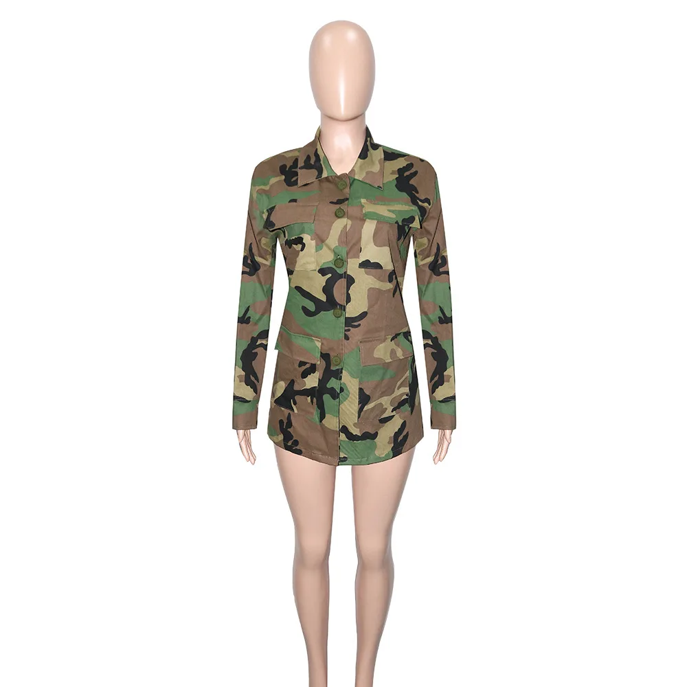 Women Fahion Camouflage Long Jackets Plus Size Long Sleeve Camo