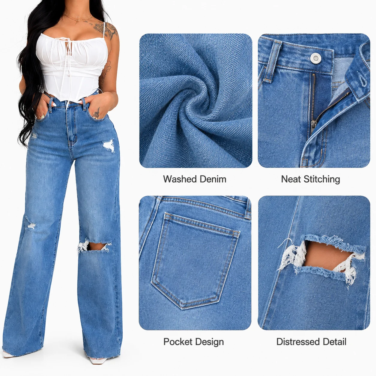 Manufacturer's Direct Selling Top 2024 Fashionable Comfortable Versatile Ripped Velvet Jeans Women High Waist Wide Leg Garment