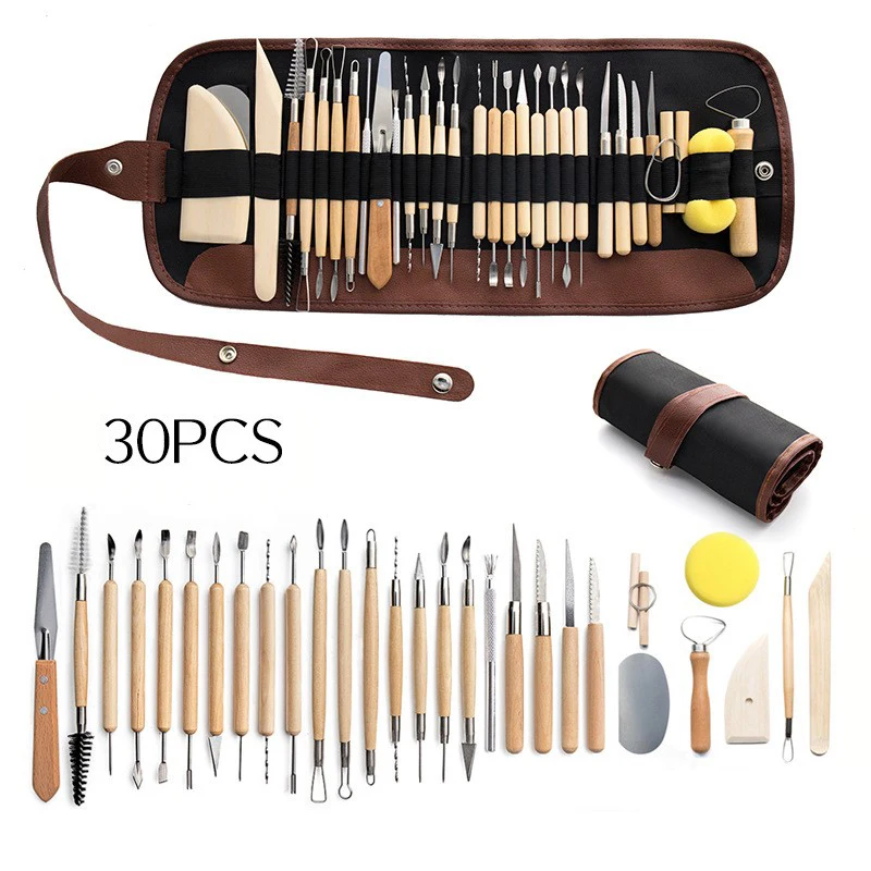 30piece Doublesided Pottery Clay Sculpting Tool Set With Wooden