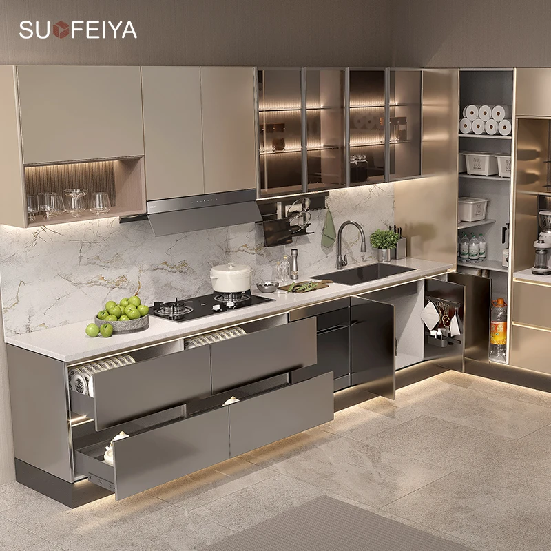Factory Supply Customized Smart Joinery Durable High Gloss Grey UV Lacquer L-Shaped MDF Kitchen Island Cabinet for Dubai