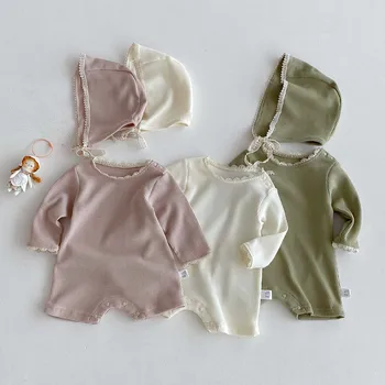 2025 Autumn New Baby Rompers Girl Casual Long-Sleeve Pullover Jumpsuit Korean Version Waffle Lace Collar Knitted Infant Clothes