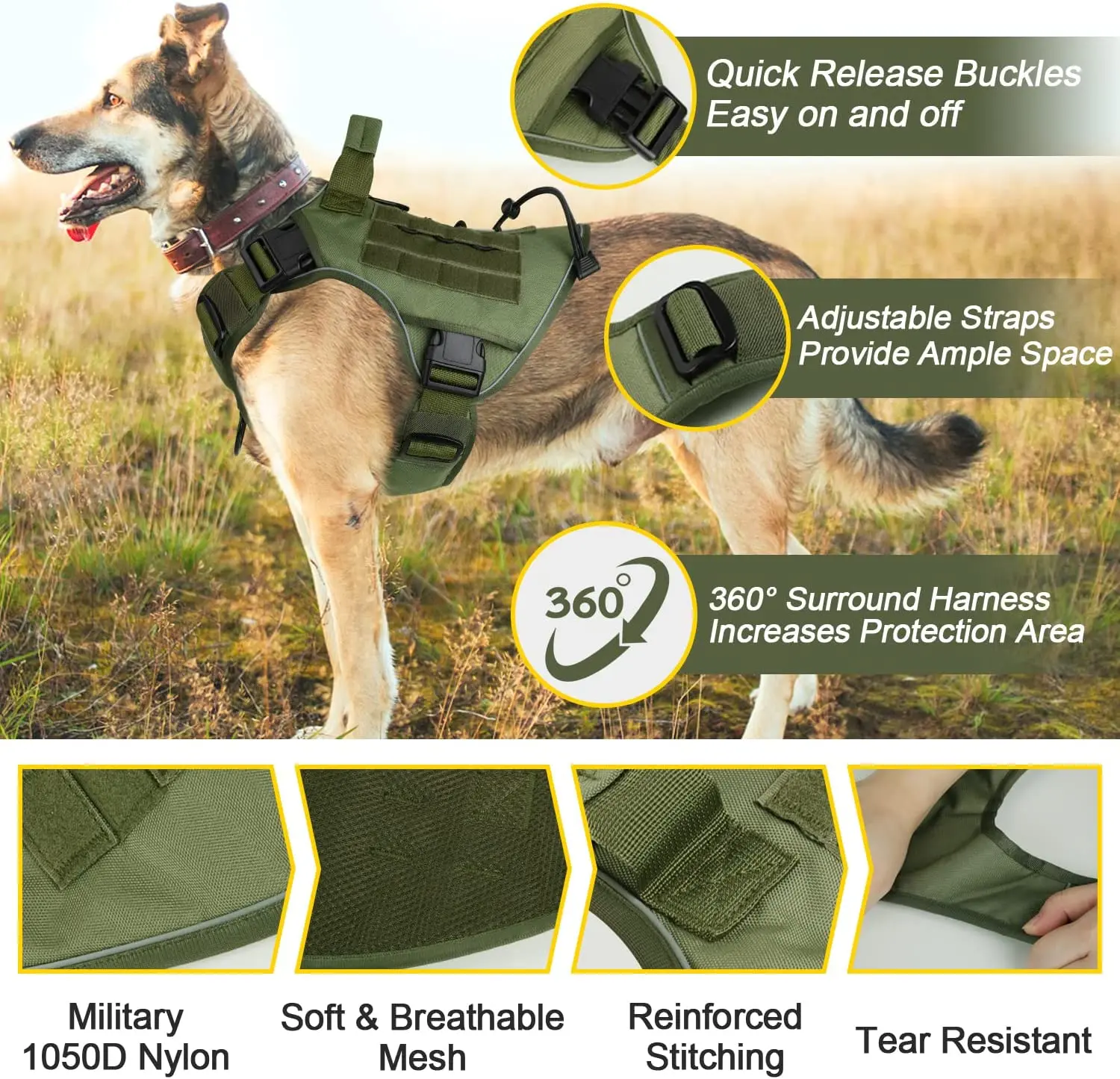 Heavy Duty Tactical Dog Reflective Harness Durable 1050d Nylon