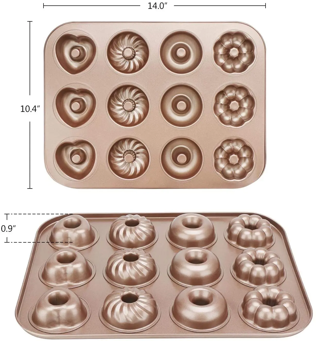 12-Cavity Non-Stick Pattern Doughnut Bakeware,Carbon Steel Donut Mold for Oven Baking Queentres Donut Mold Cake Pan 