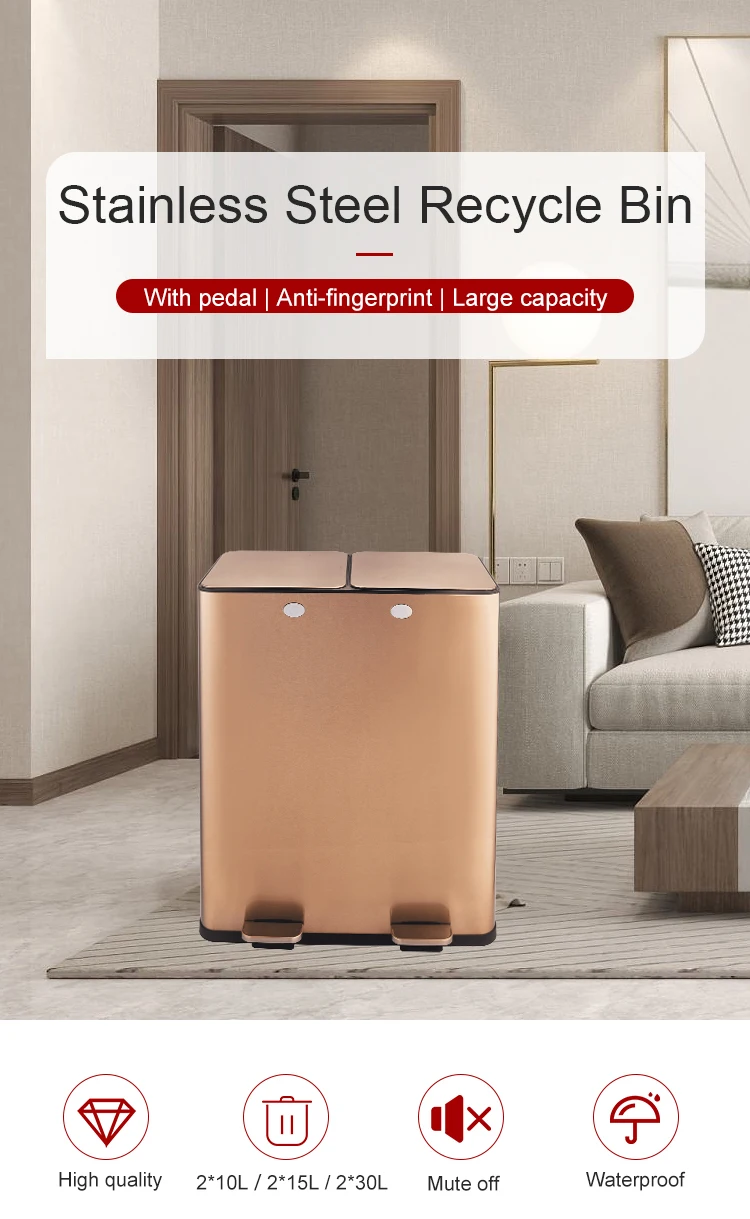 Hot Selling 16 Gallon Air Damper Stainless Steel Trash Can Double
