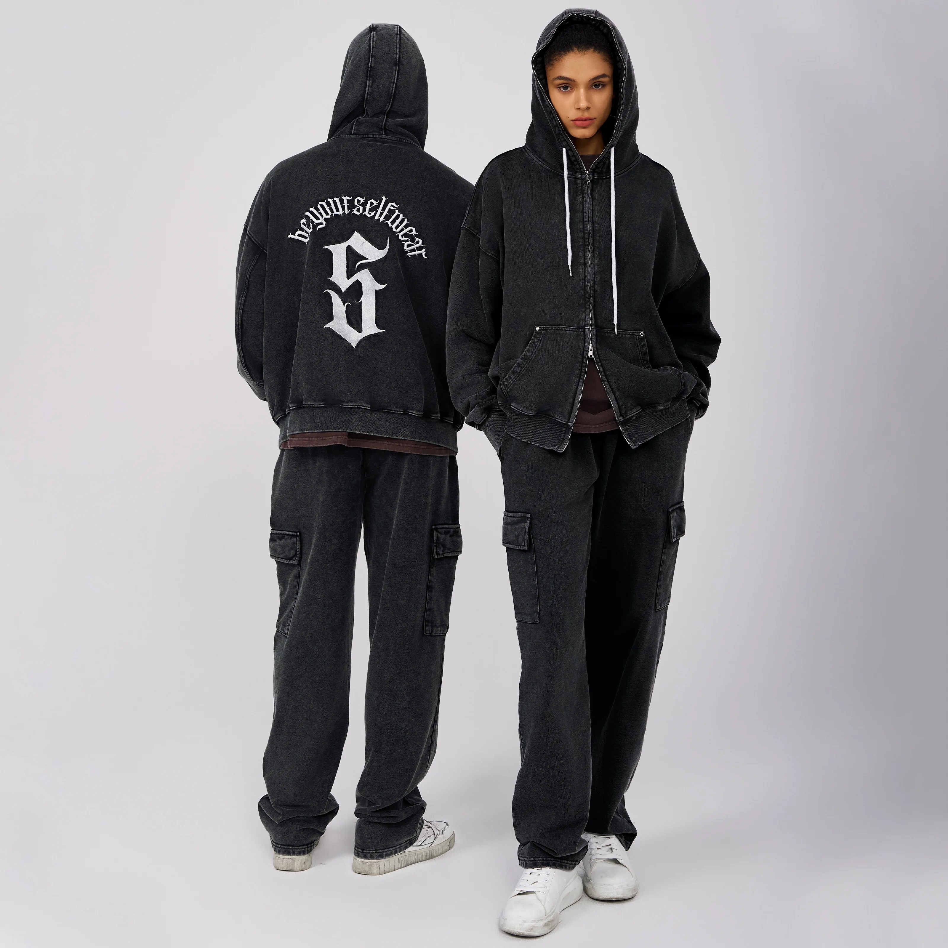 Washed Unisex Full Zip Tracksuit Set - 100% Cotton Hoodie & Cargo