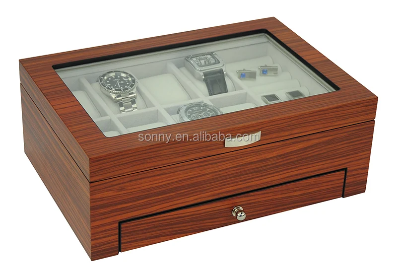 Customization Matte Wooden Watch Jewelry Box with a Drawer and Glass Window Hold Rings Cufflinks Keys Pen for Man and Woman