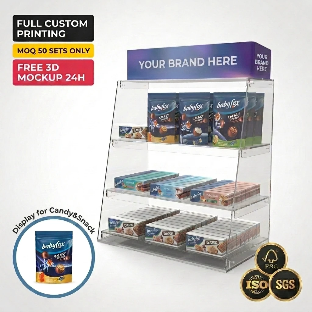 Custom Acrylic Countertop Snack Display Rack Stand Organizer Holder for Retail Store Candy Chocolate Chip Cookie Food Retail