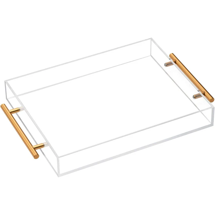 Customizable Clear Acrylic Serving Tray With Gold Metal Handles For