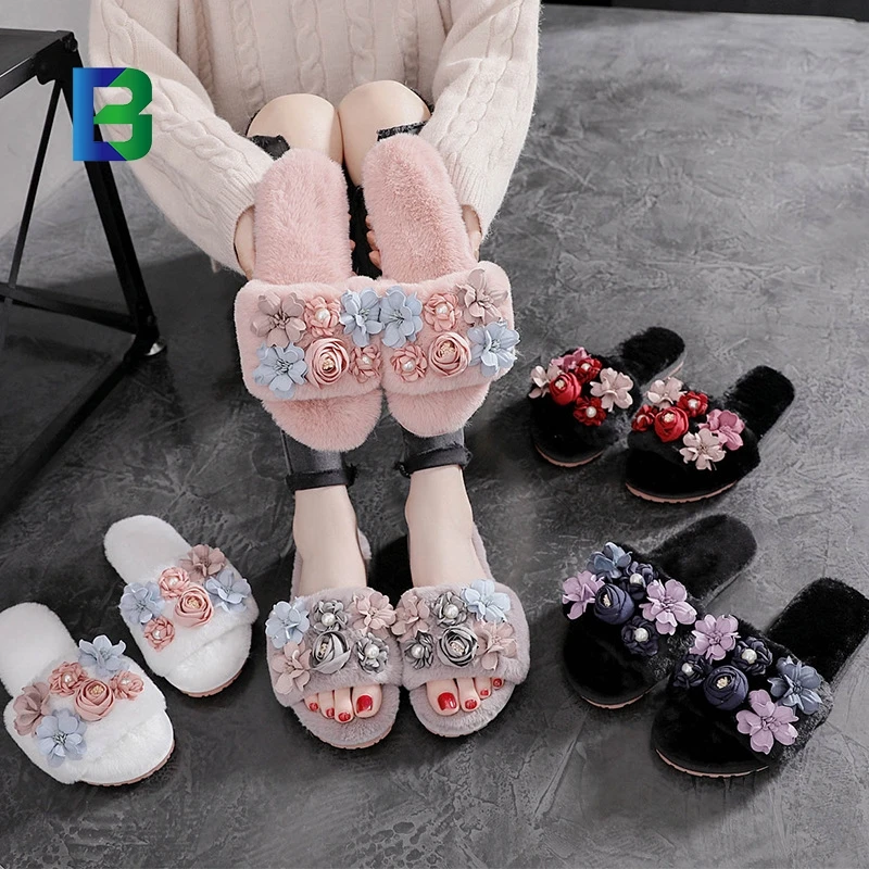 Women Cute Flower Flat Flip Flops Ladies Soft Indoor Slides Faux Rabbit Fur  Shoes Female Print Floral Bling Home Casual Sandals