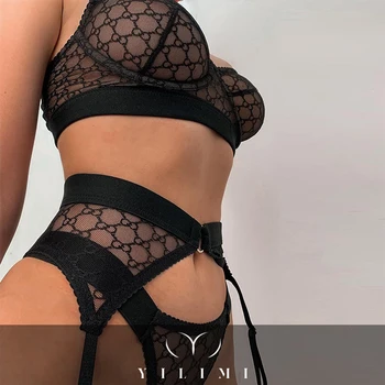 Women sexy black mesh Gridding Lingerie set Temptation Bra Panty with Garter Belt Set Transparent womens Sexy Lingerie