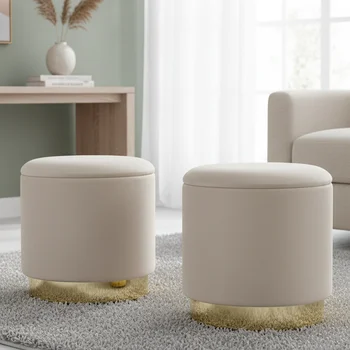 Modern Luxury Velvet Fabric Gold Metal Base Round Ottoman Cylinder Pouf Stool for Home Living Room Hotel Office