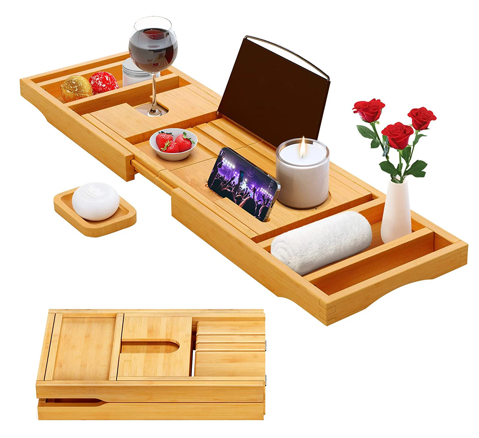 Luxury Bamboo Bath Tub Tray Table New Foldable Bathtub Caddy Tray with Extending Side for Household Bathroom or Home Storage