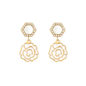 French Romantic Vintage Earrings Elegant Camellia Pearl & Zircon with Diamond Stainless Steel Flower Shape Stylish for Women