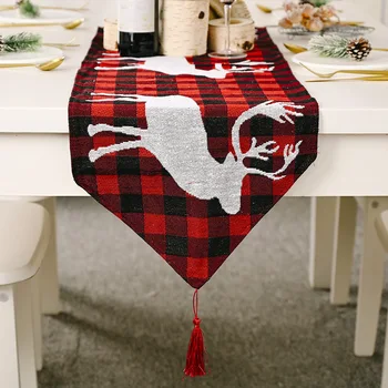 Christmas Reindeer Snowman Polyester Cotton Fabric Tapestry Table Runner For Indoor Outdoor Dining Table Decor