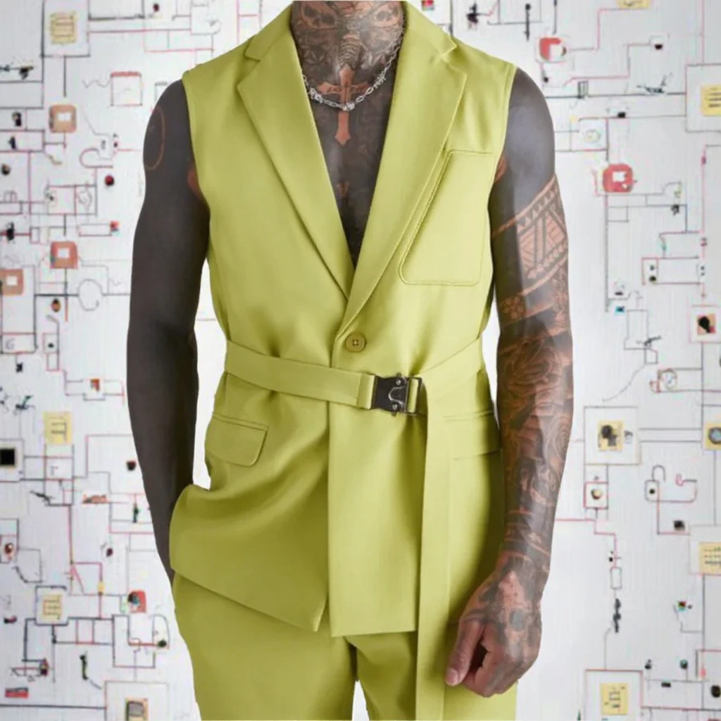 Made 2 Pieces Men's Wedding Dress Latest Design Sleeveless Terno Masculino Buckle Belt Flat Front Vest+Pant for Groom
