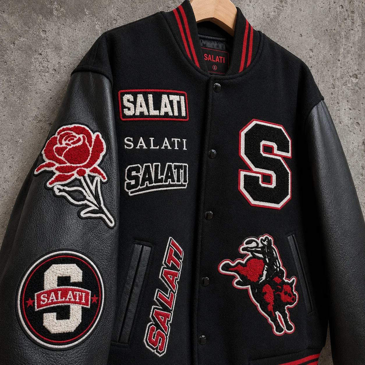 Custom Black Red Baseball Jacket Embroidered Badge Letter Graphic Patchwork Contrast Sleeve Ribbed Cuff Streetwear Men Jackets gallery 2